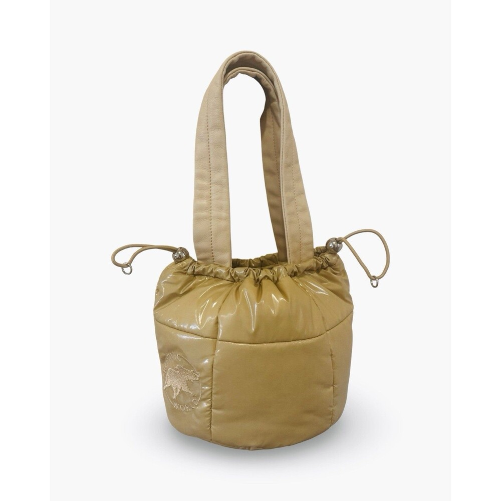 HUNTING WORLD Padded Drawstring Bucket Bag Tote Puffer Shiny Caramel Unused